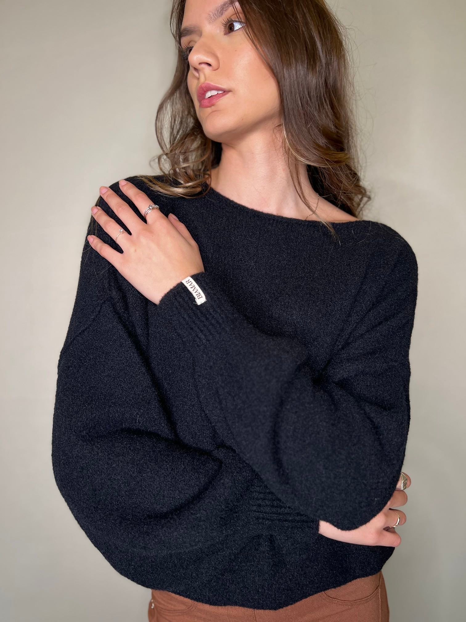 BLUSA FIO PLUMA BIAMAR MANGA MORCEGO PRETA